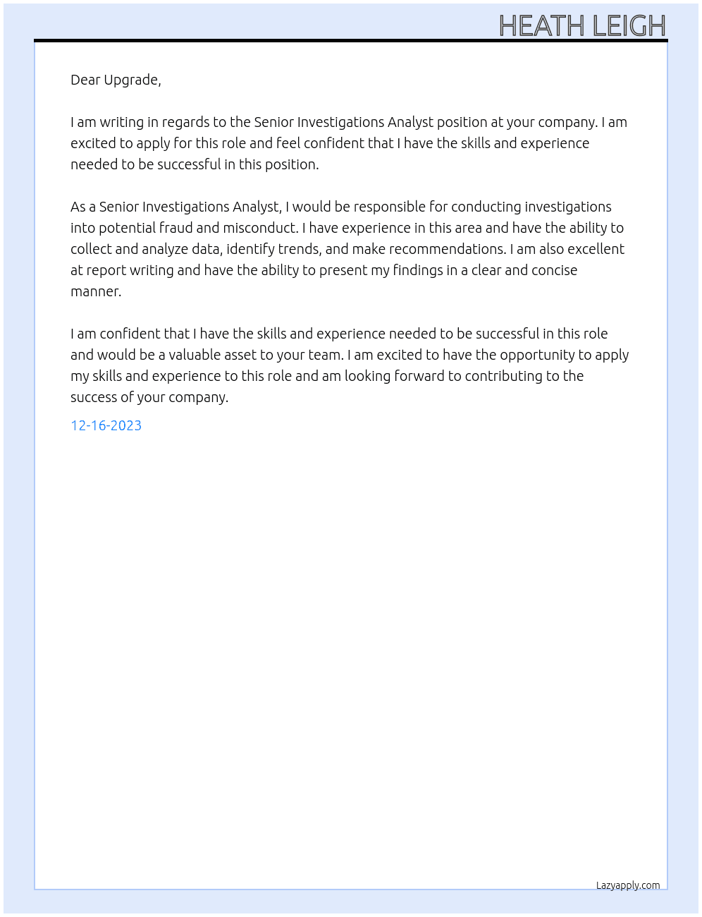 Senior Investigations Analyst At Upgrade Cover Letter