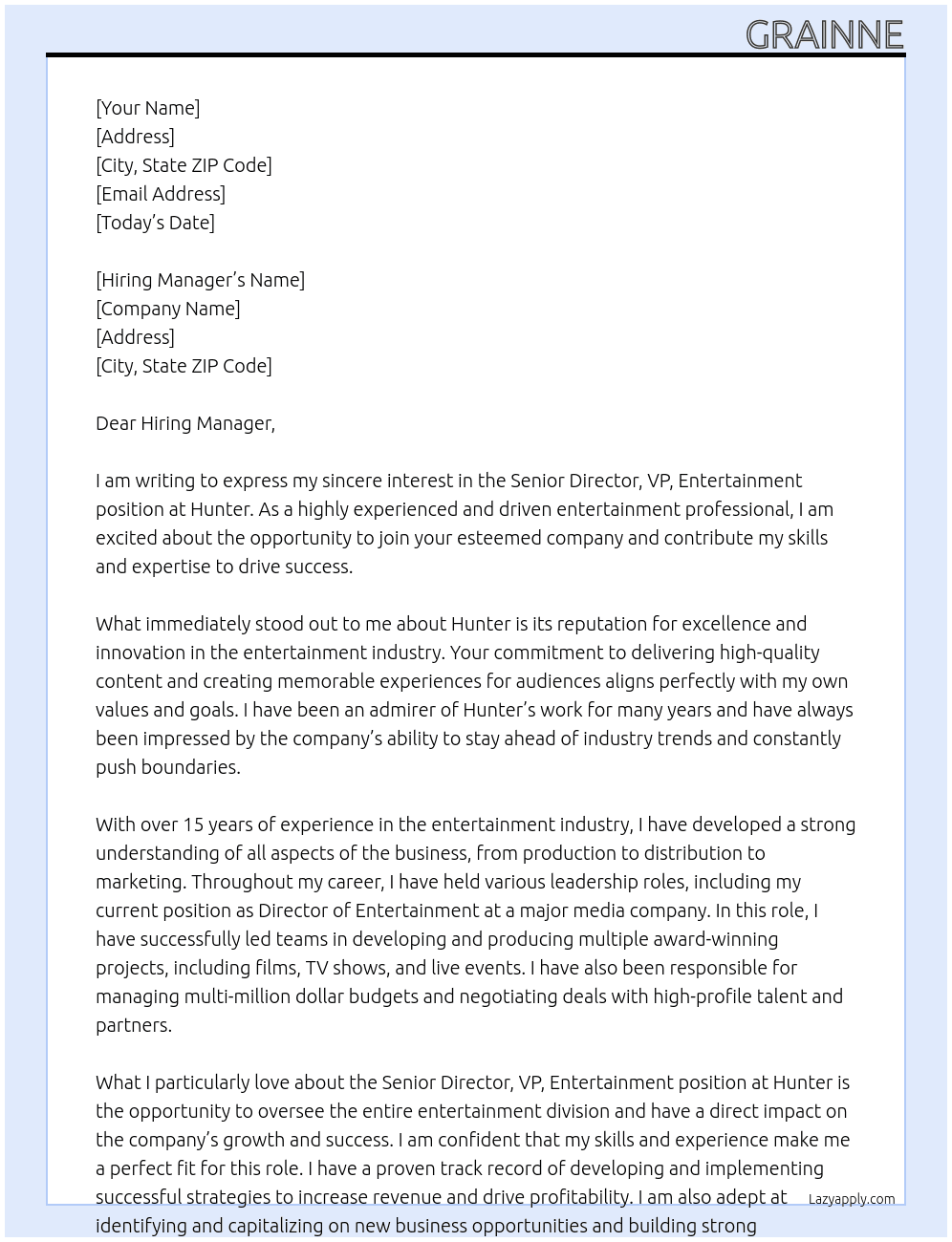 Senior Director, VP, Entertainment At Hunter Cover Letter