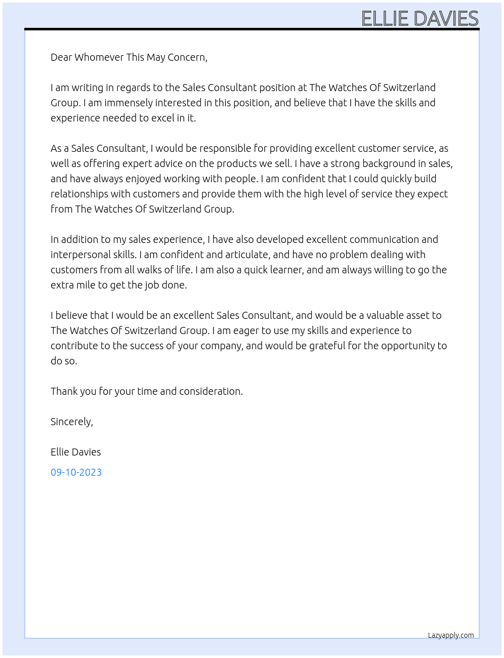 Sales Consultant  At The Watches Of Switzerland Group Cover Letter