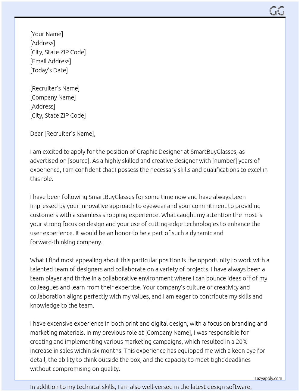 Graphic designer At SmartBuyGlasses Cover Letter