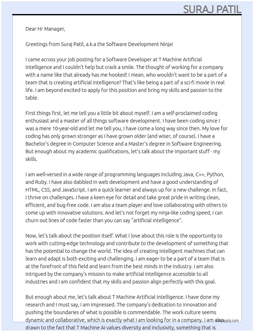 Software developer  At  T machine artificial intelligence Cover Letter