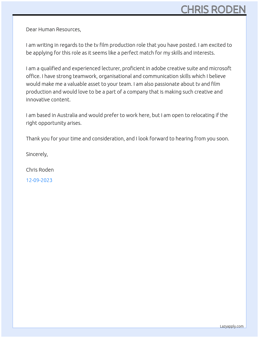 tv film production role At TV and Film production company Cover Letter