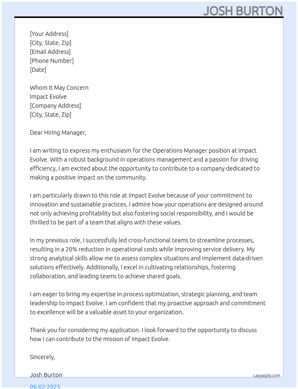 Operations manager At Impact Evolve Cover Letter