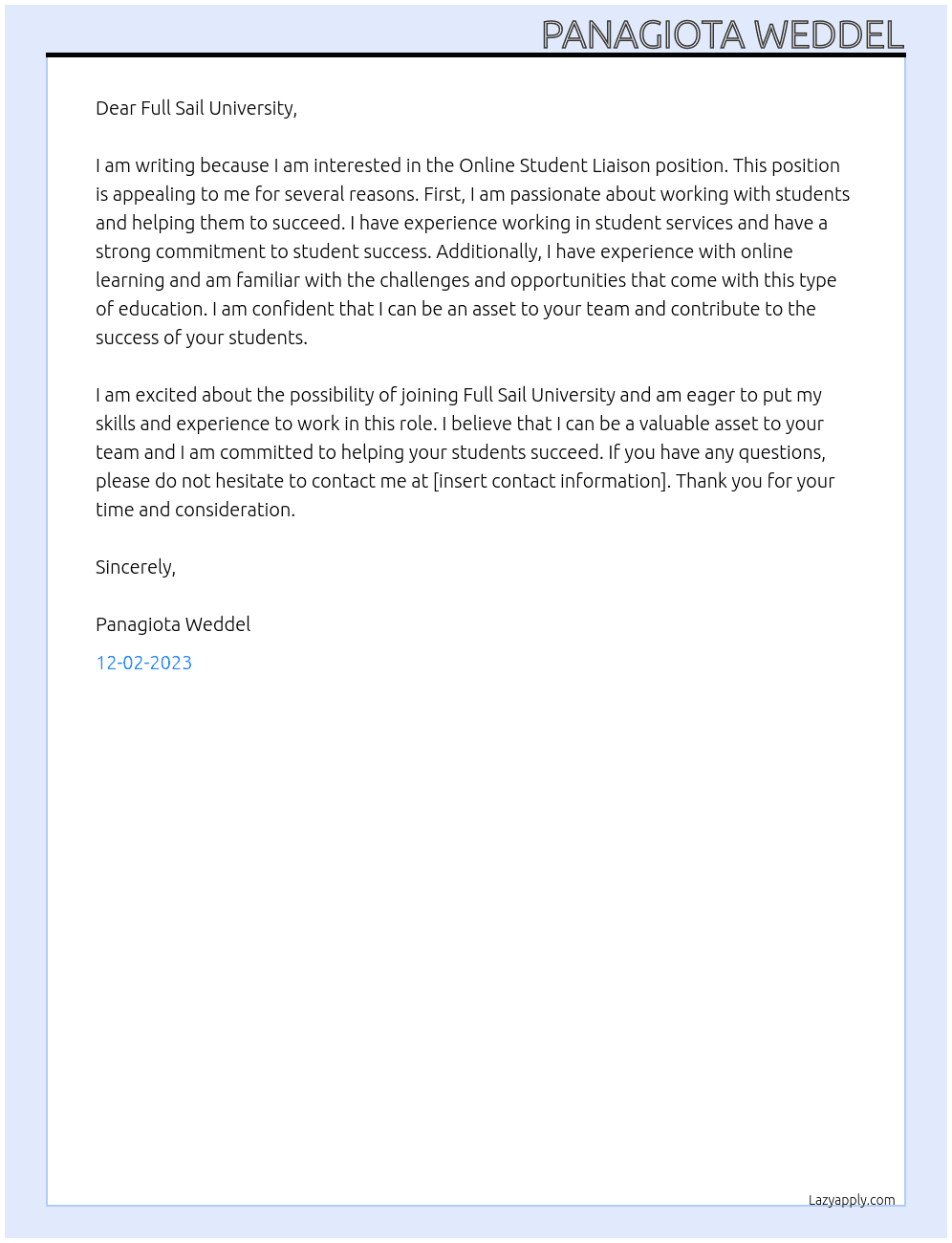 Online Student Liaison  At Full Sail University  Cover Letter