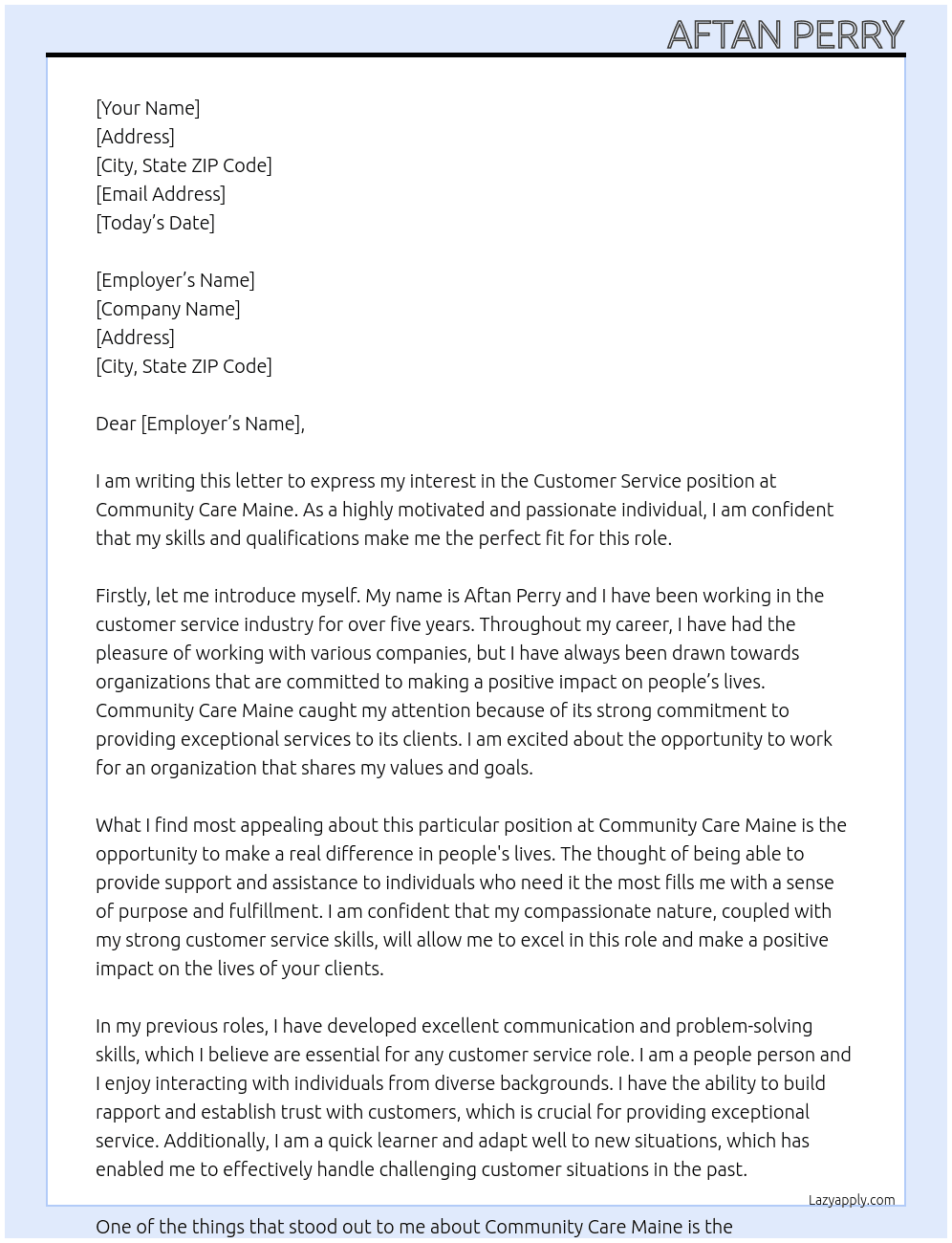 Customer service  At Community Care Maine  Cover Letter
