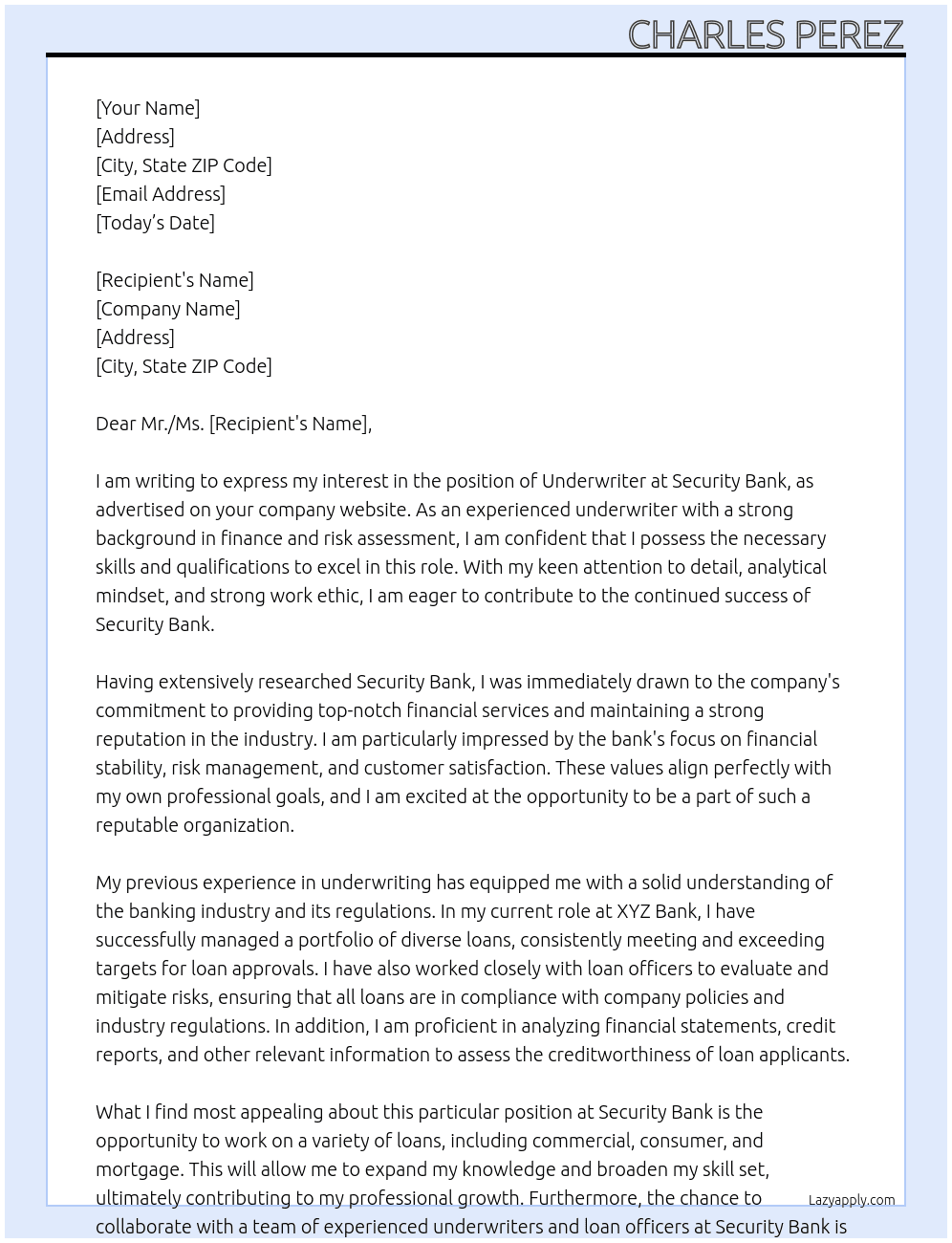 Underwriter  At Security Bank Cover Letter