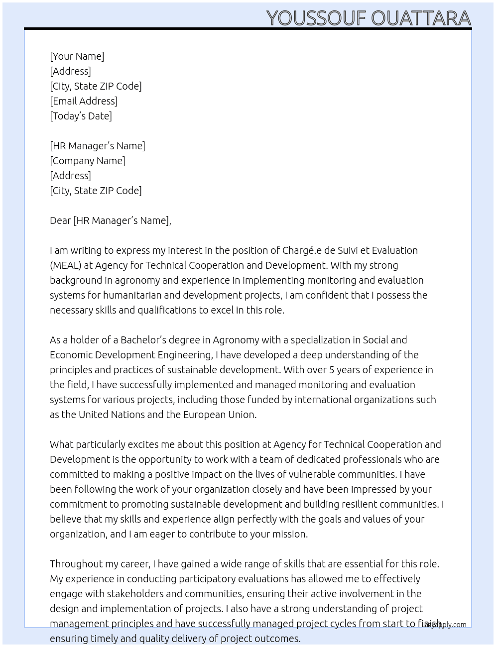 Chargé.e de Suivi et Evaluation (MEAL) At Agency for Technical Cooperation and Development  Cover Letter