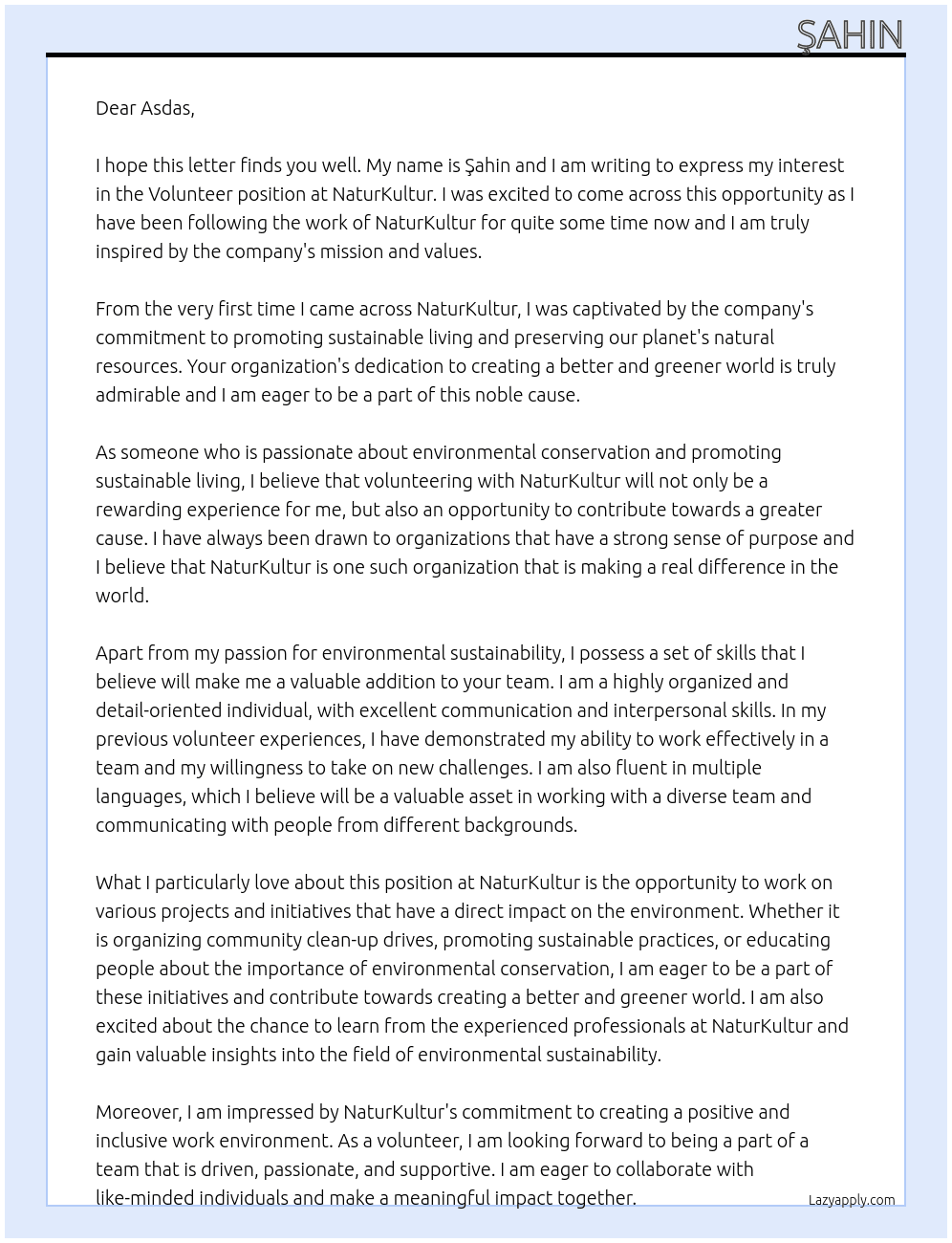 Volunteer At NaturKultur Cover Letter