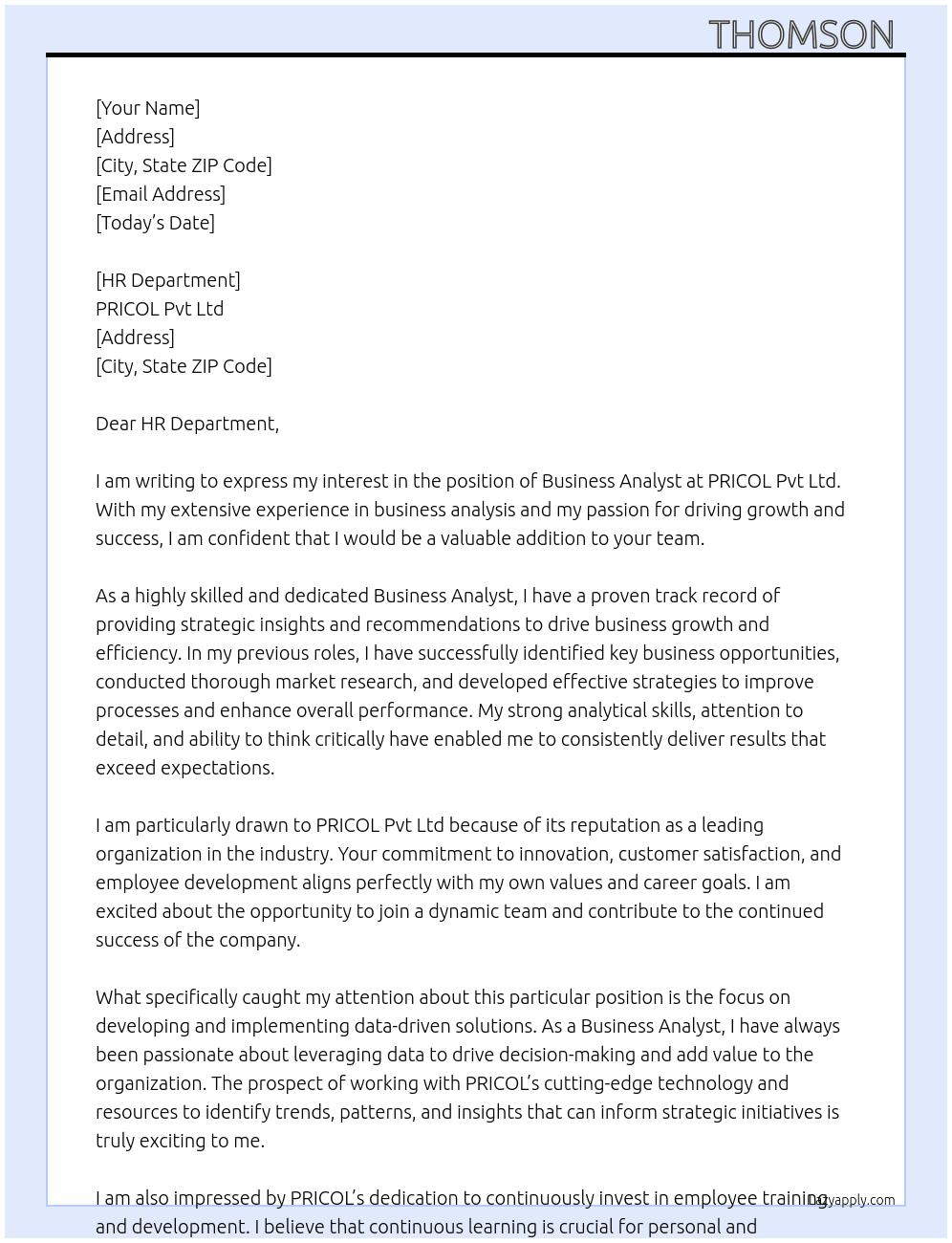 Business Analyst  At PRICOL Pvt Ltd  Cover Letter