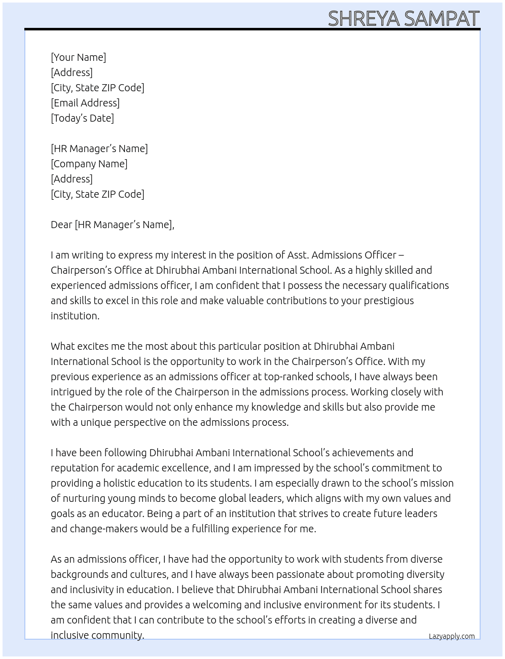 Asst. Admissions Officer – Chairperson’s Office At Dhirubhai Ambani International school  Cover Letter