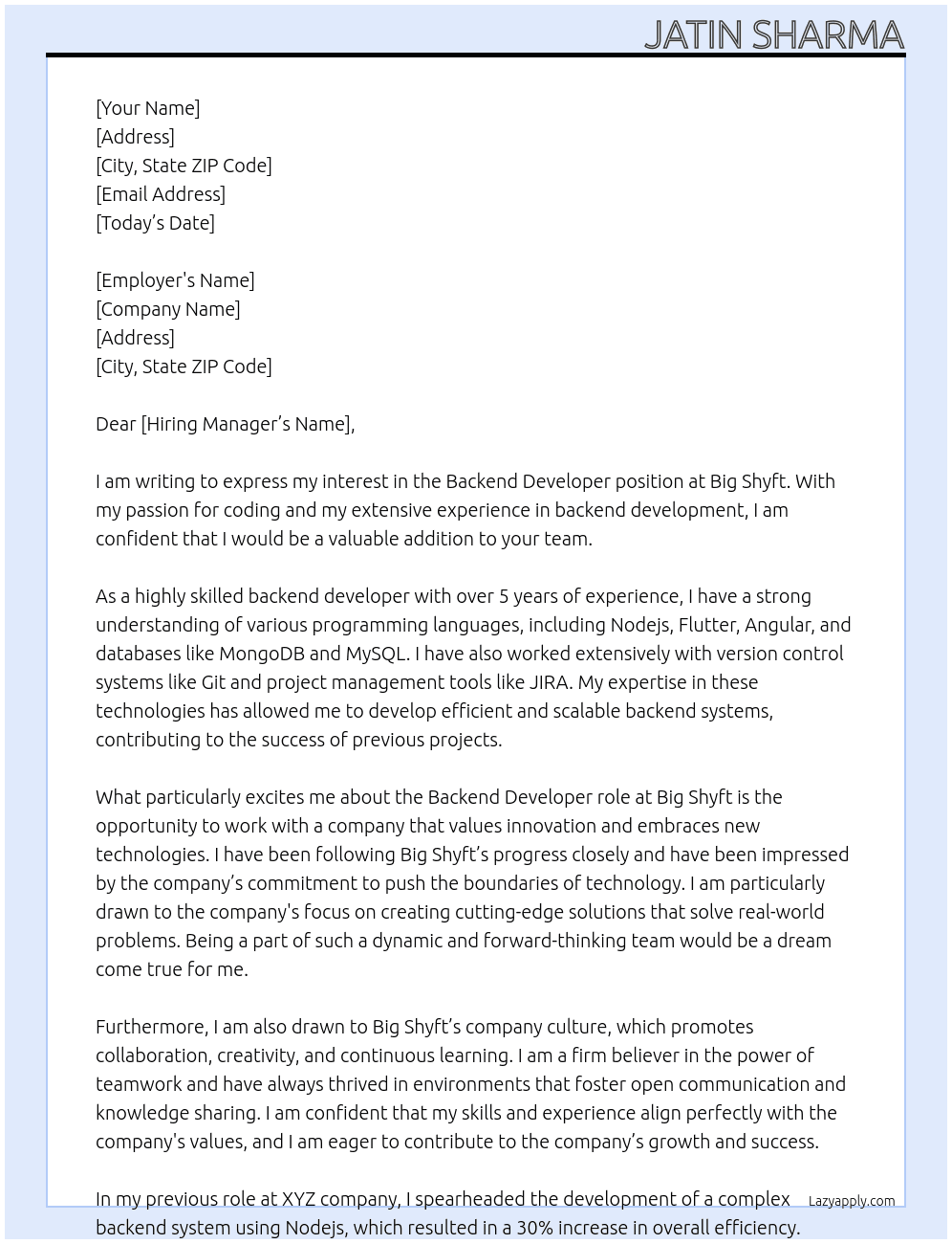 Backend developer At Big Shyft Cover Letter