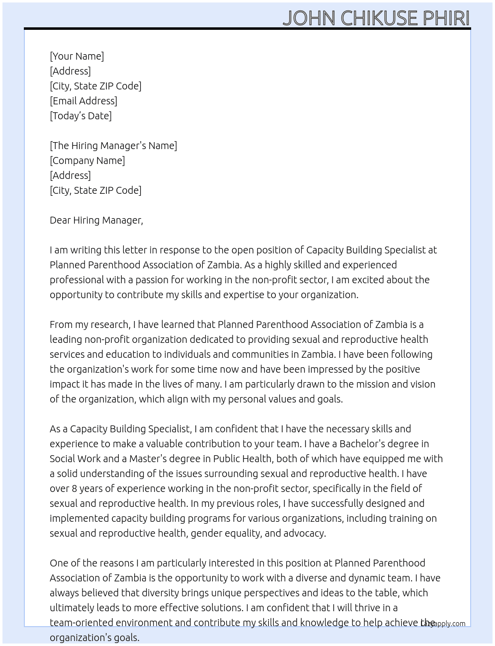 Capacity Building Specialist  At Planned Parenthood Association of Zambia Cover Letter