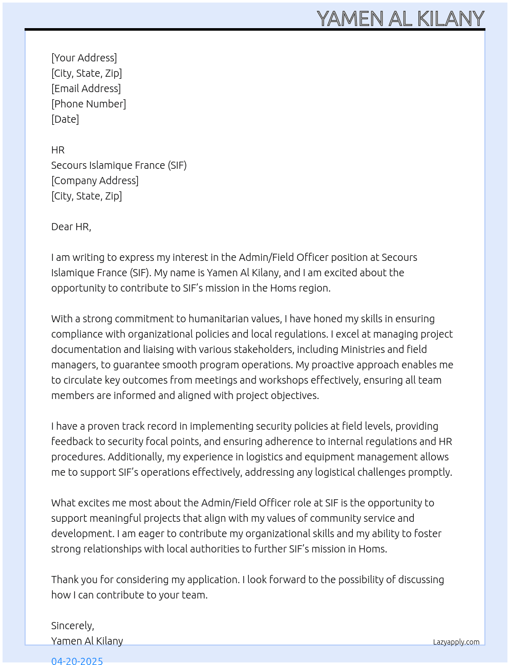 Cover letter for admin/field officer - LazyApply