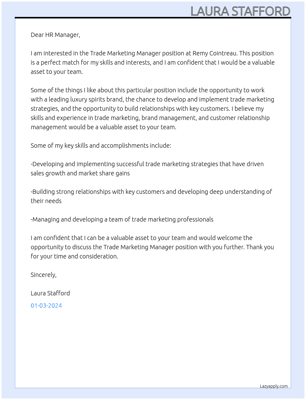 Trade Marketing Manager At Remy Cointreau Cover Letter
