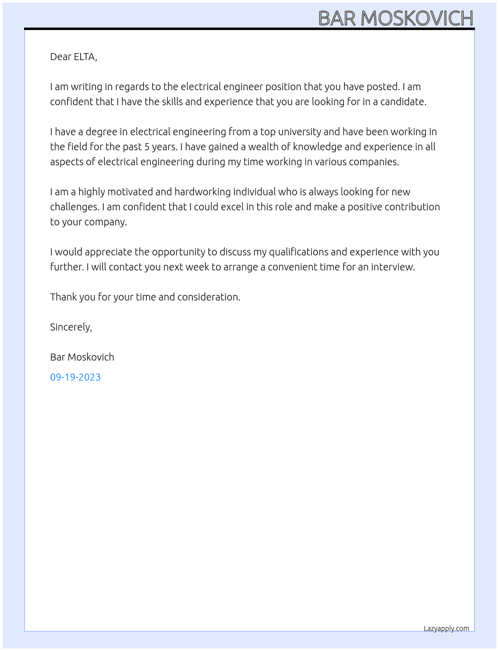 electrical engineer At ELTA Cover Letter