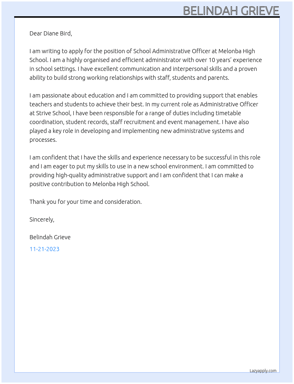 School Administrative Officer At Melonba High School Cover Letter