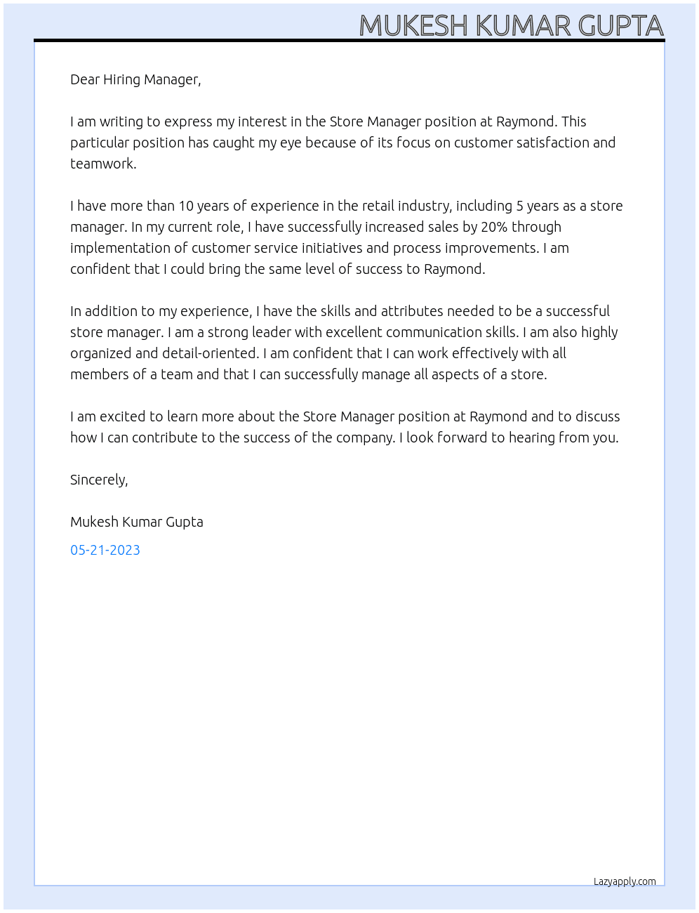 Store Manager  At Raymond Cover Letter