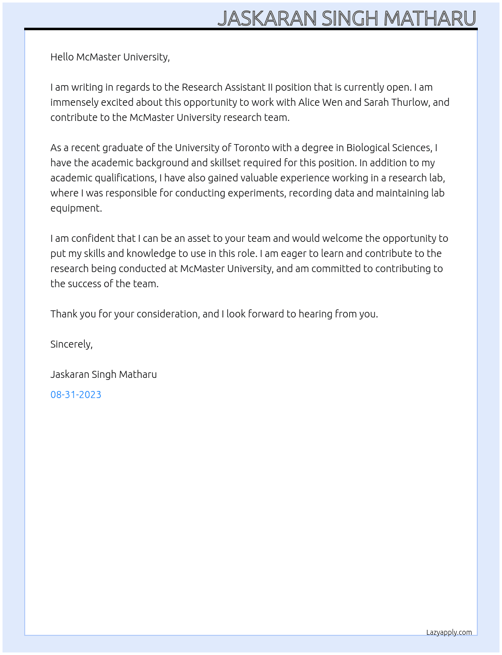 Research Assistant II At McMaster University. Cover Letter