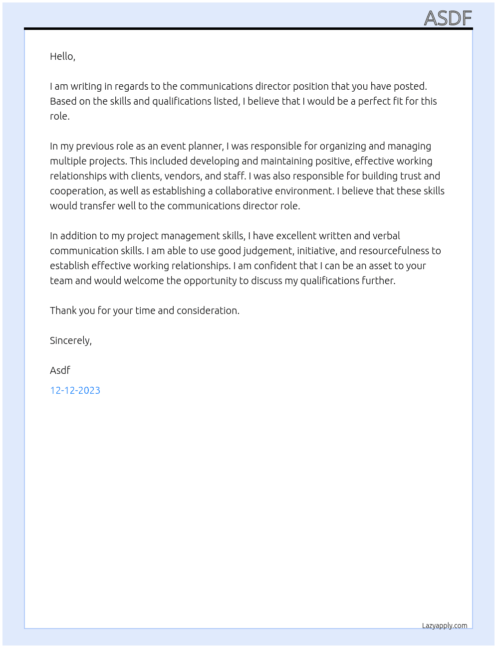 communications director At asddf Cover Letter