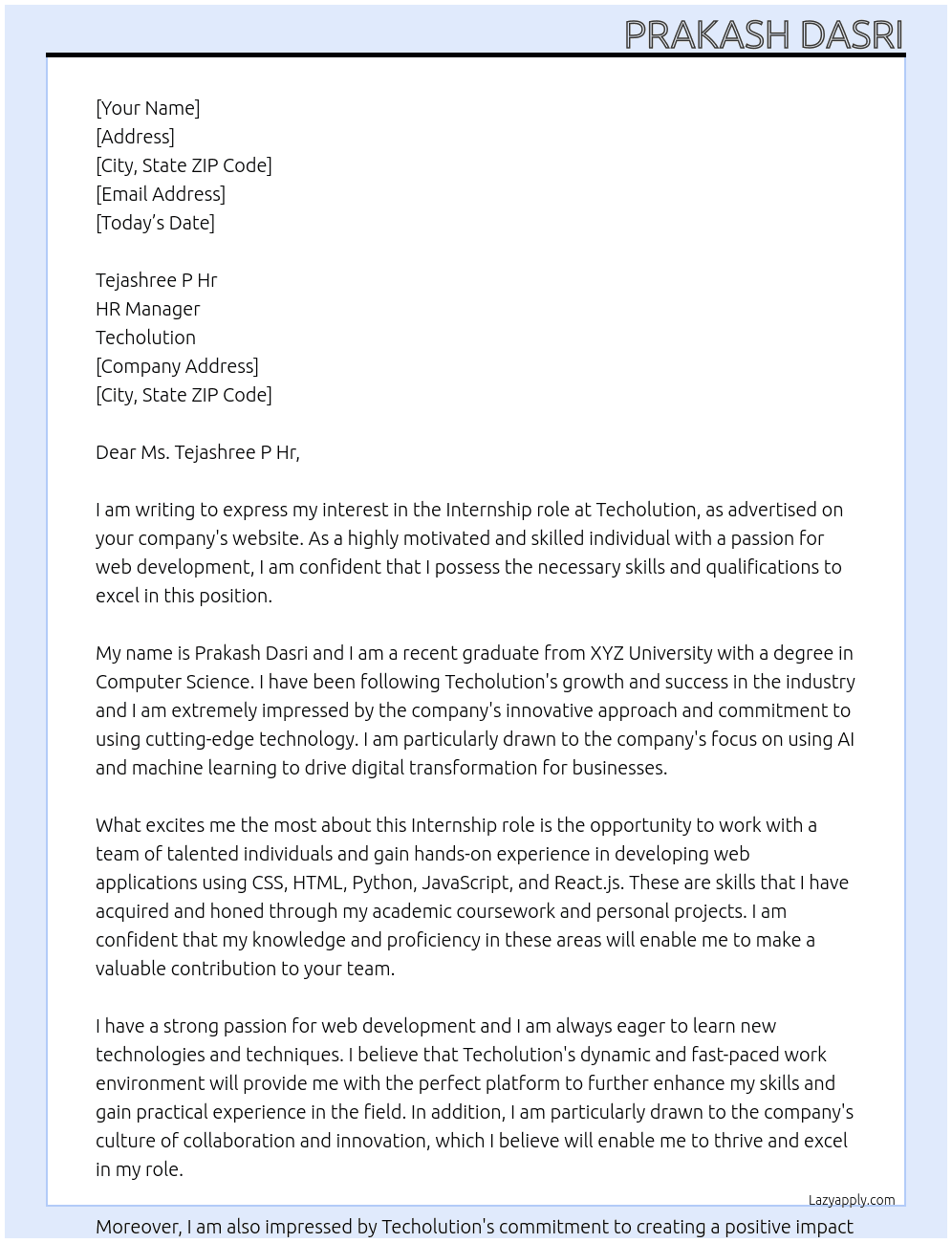  Internship At techolution Cover Letter