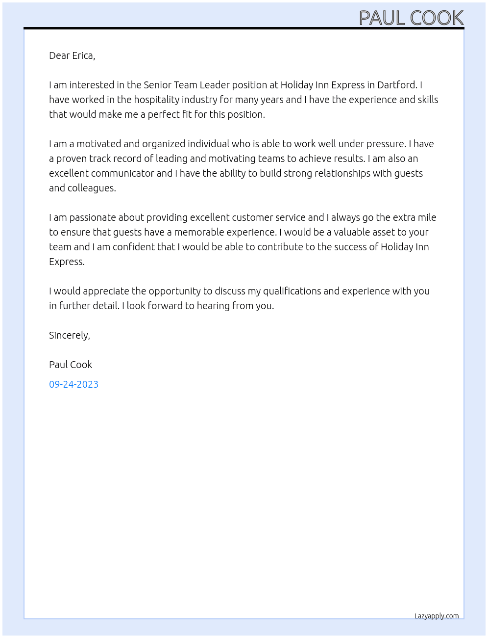 Senior Team Leader At Holiday Inn Express Cover Letter