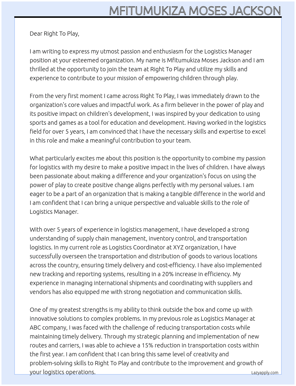 Logistics Manager  At Right To Play Cover Letter