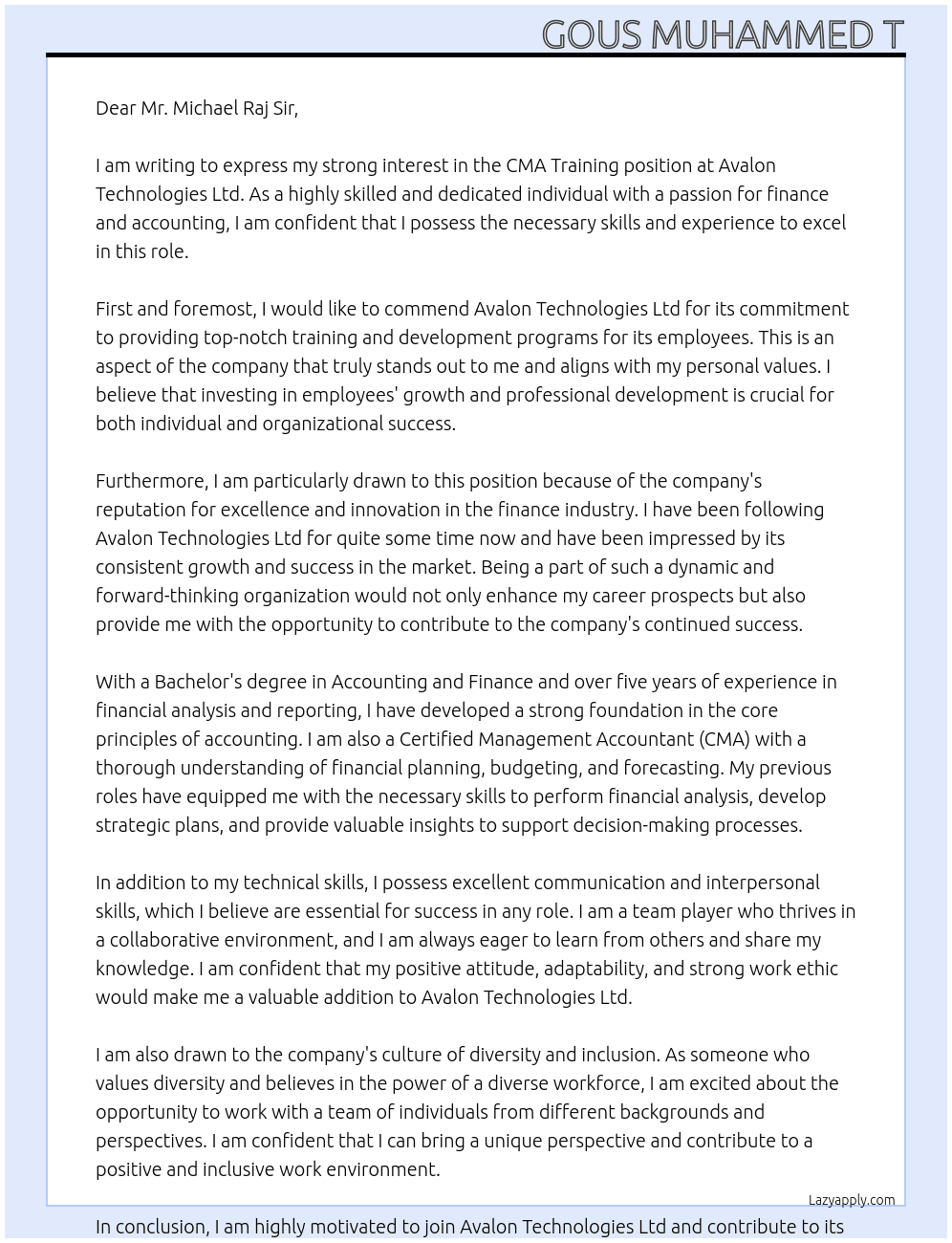 CMA Training At Avalon Technologies Ltd. Cover Letter