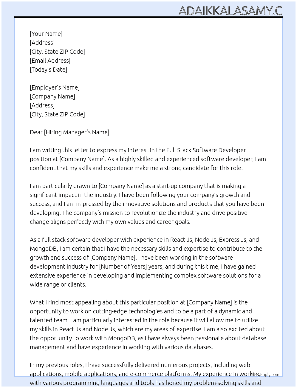 Full stack software developer At Start up company Cover Letter