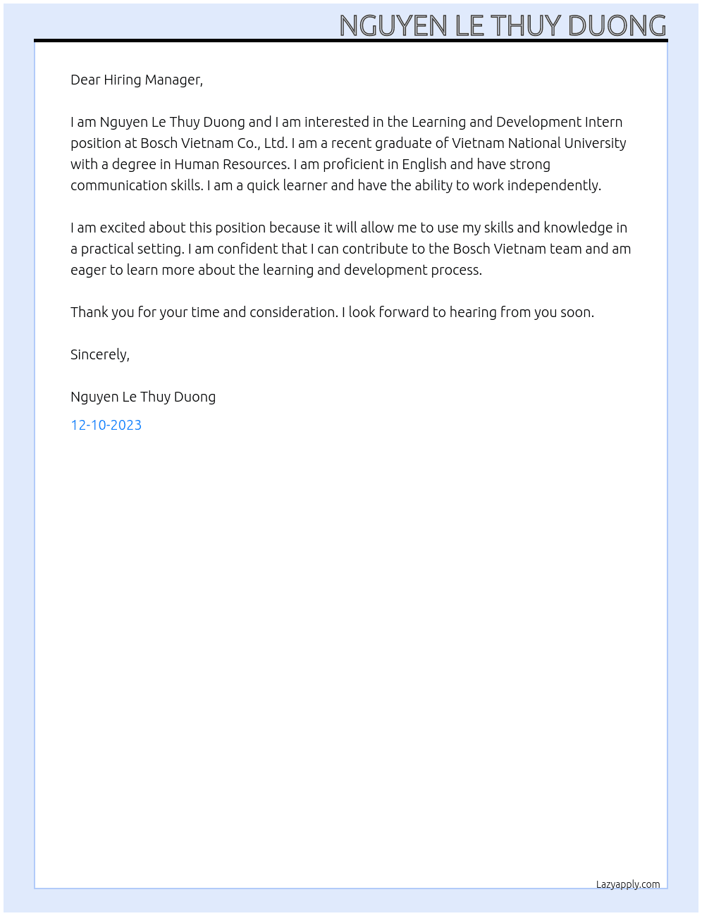 Learning and Development Intern At Bosch Vietnam Co., Ltd. Cover Letter