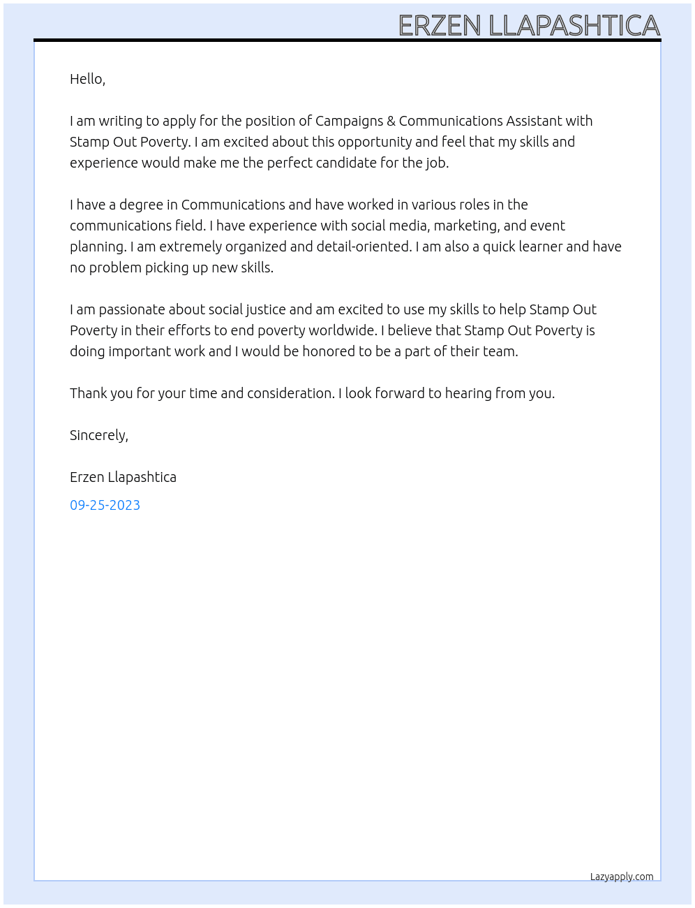 Campaigns & Communications Assistant At Stamp Out Poverty Cover Letter
