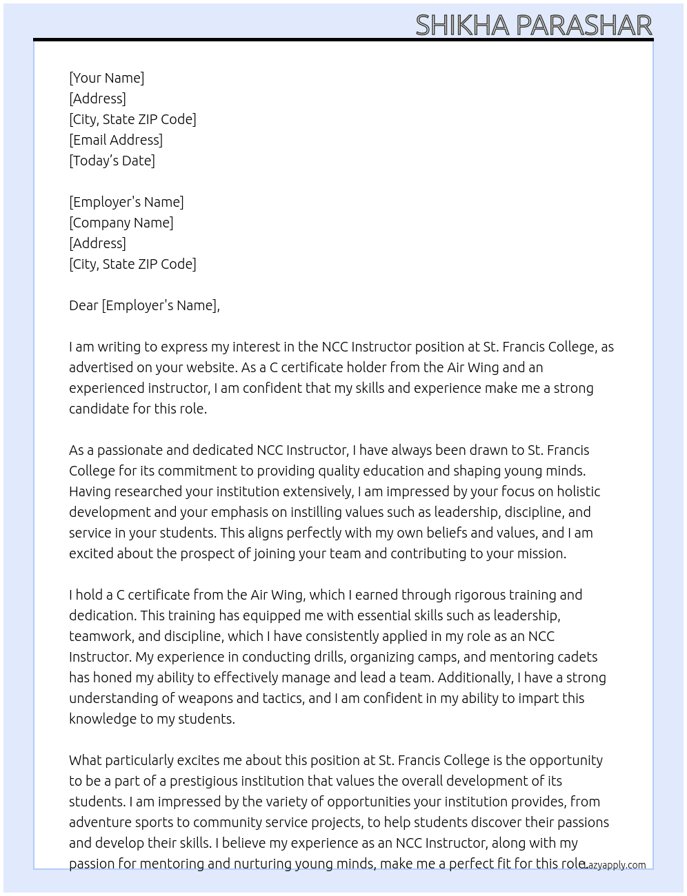 NCC instructor At St. Francis College Cover Letter