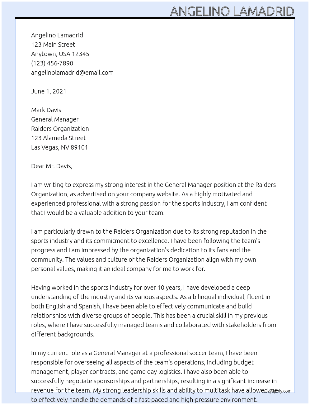 General manager At raiders Organization Cover Letter