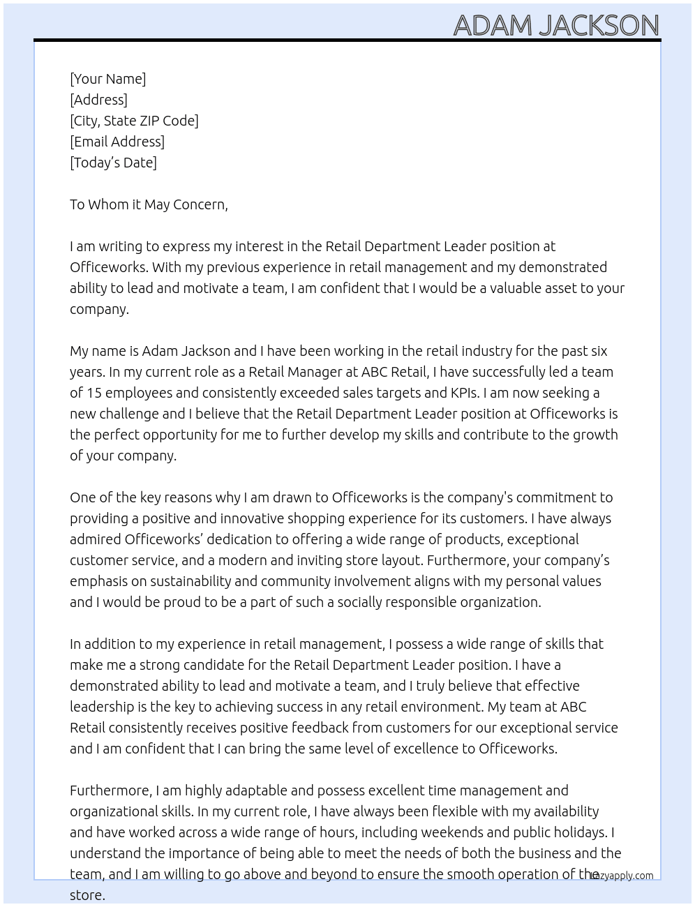 retail department leader At Officeworks Cover Letter