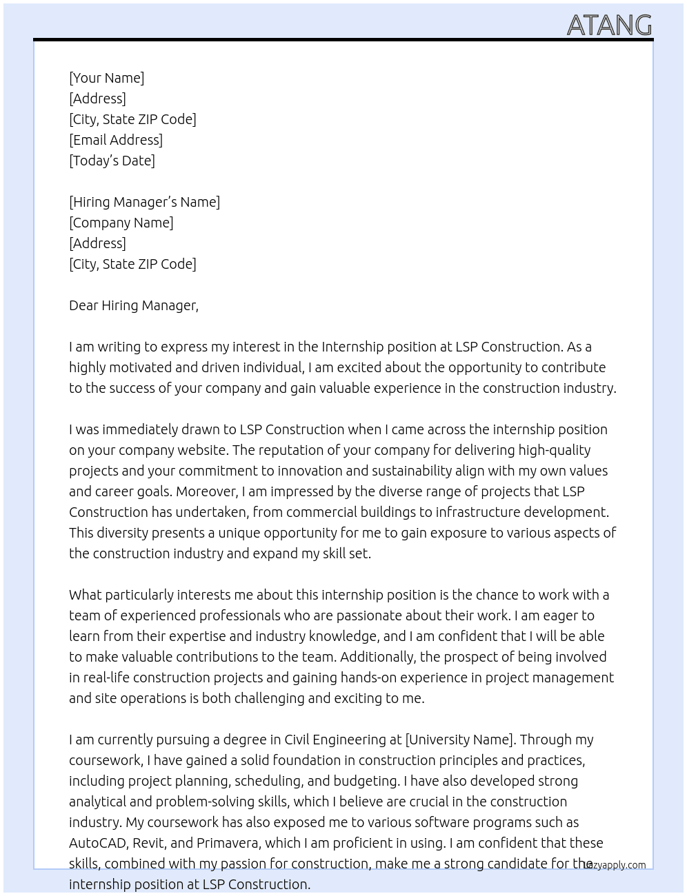 Internship position  At LSP Construction  Cover Letter