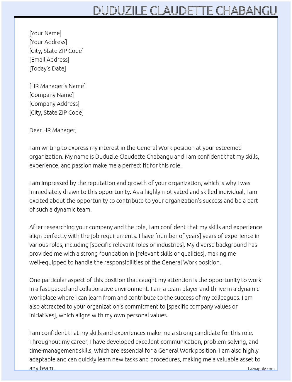 General Work At your Organization Cover Letter