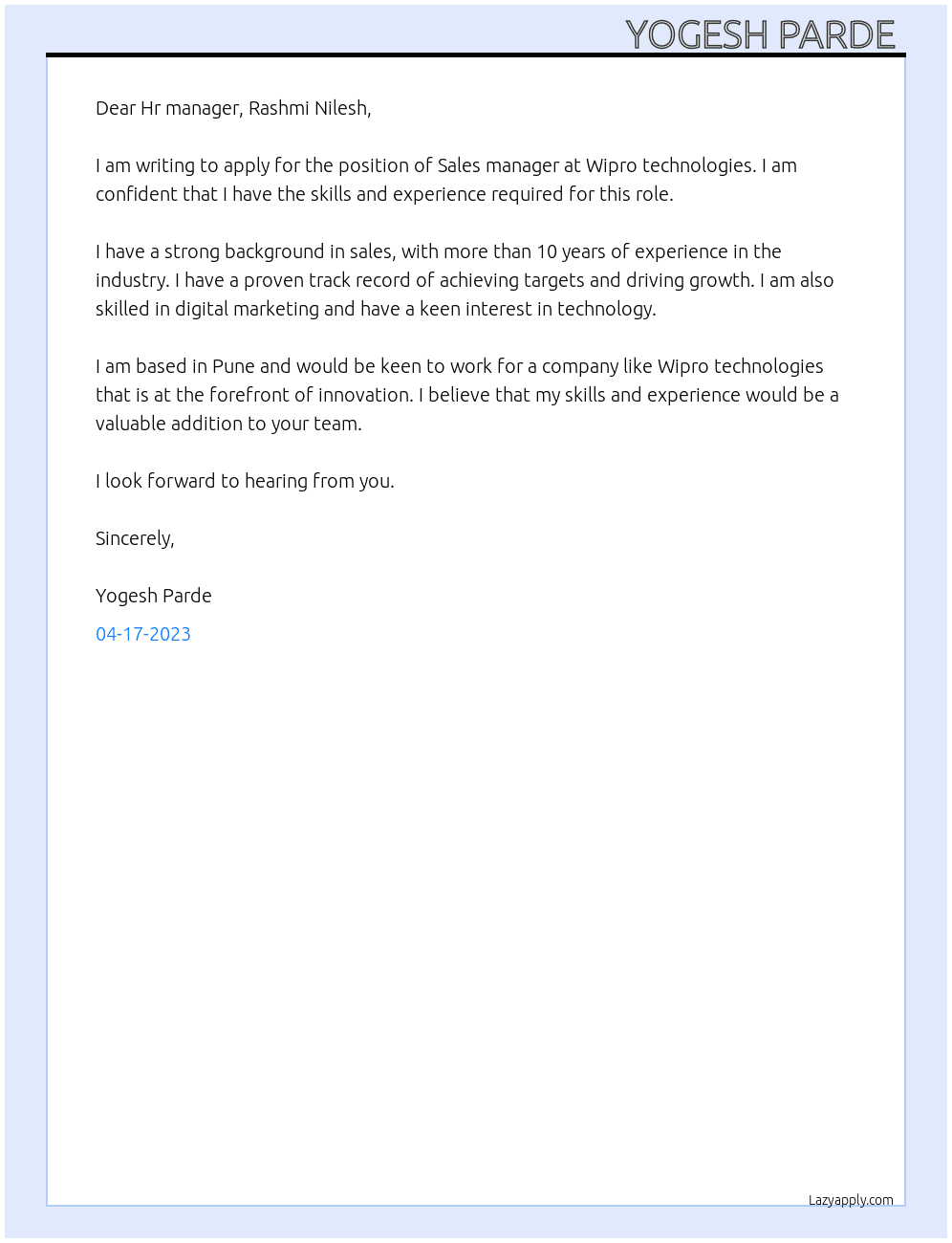 Sales manager  At Wipro technologies  Cover Letter