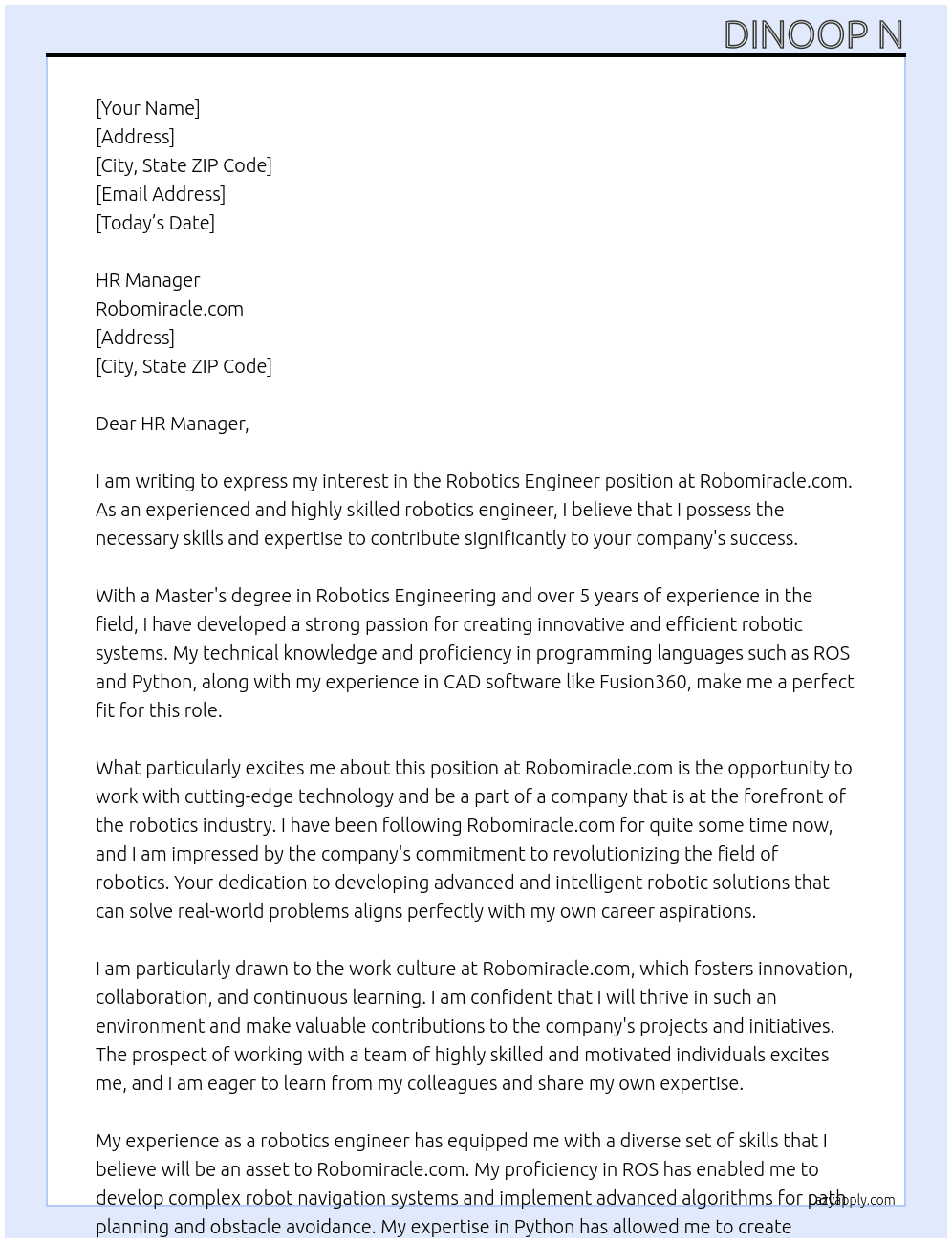 Robotics engineer At robomiracle.com  Cover Letter
