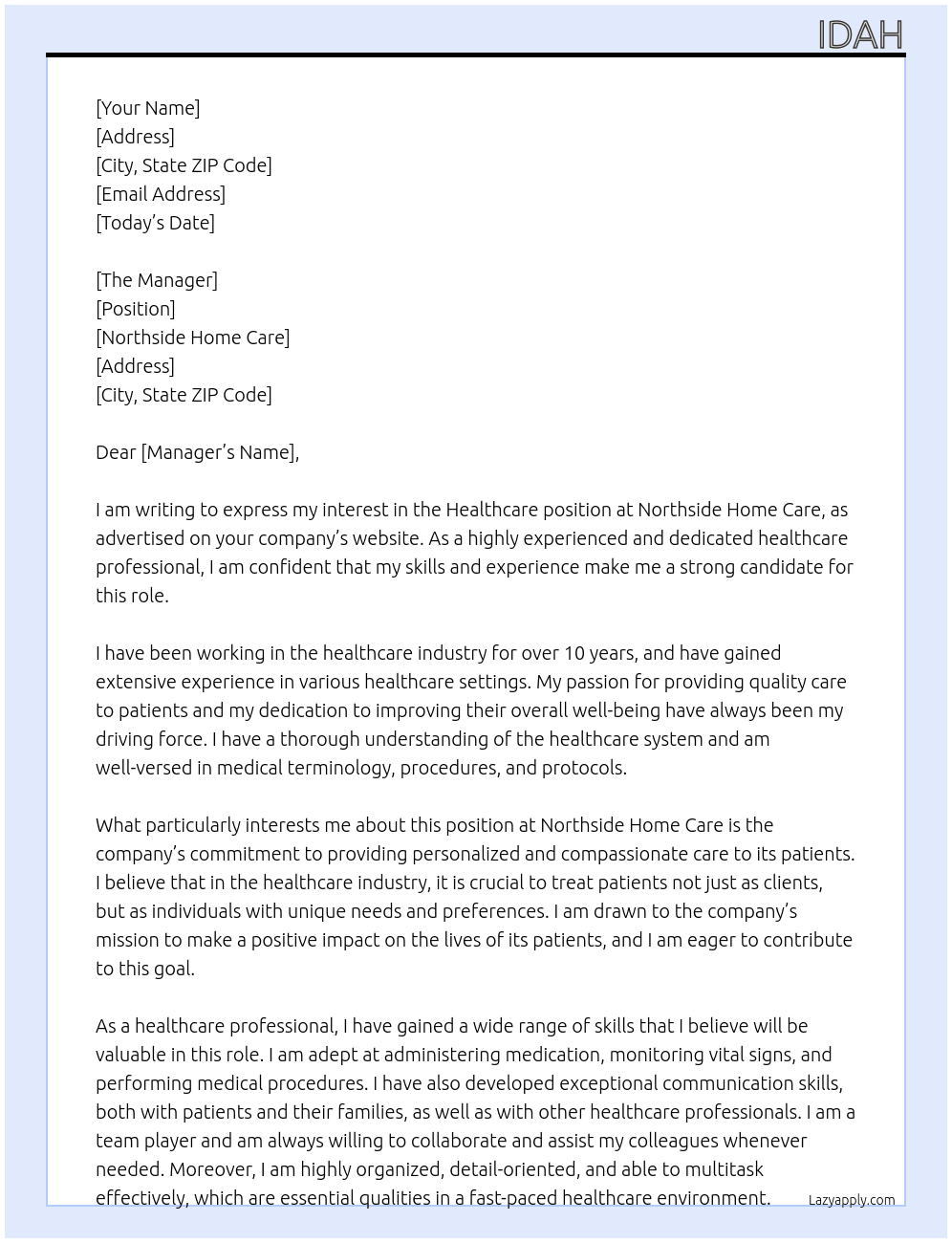 Healthcare At Northside Home Care Cover Letter