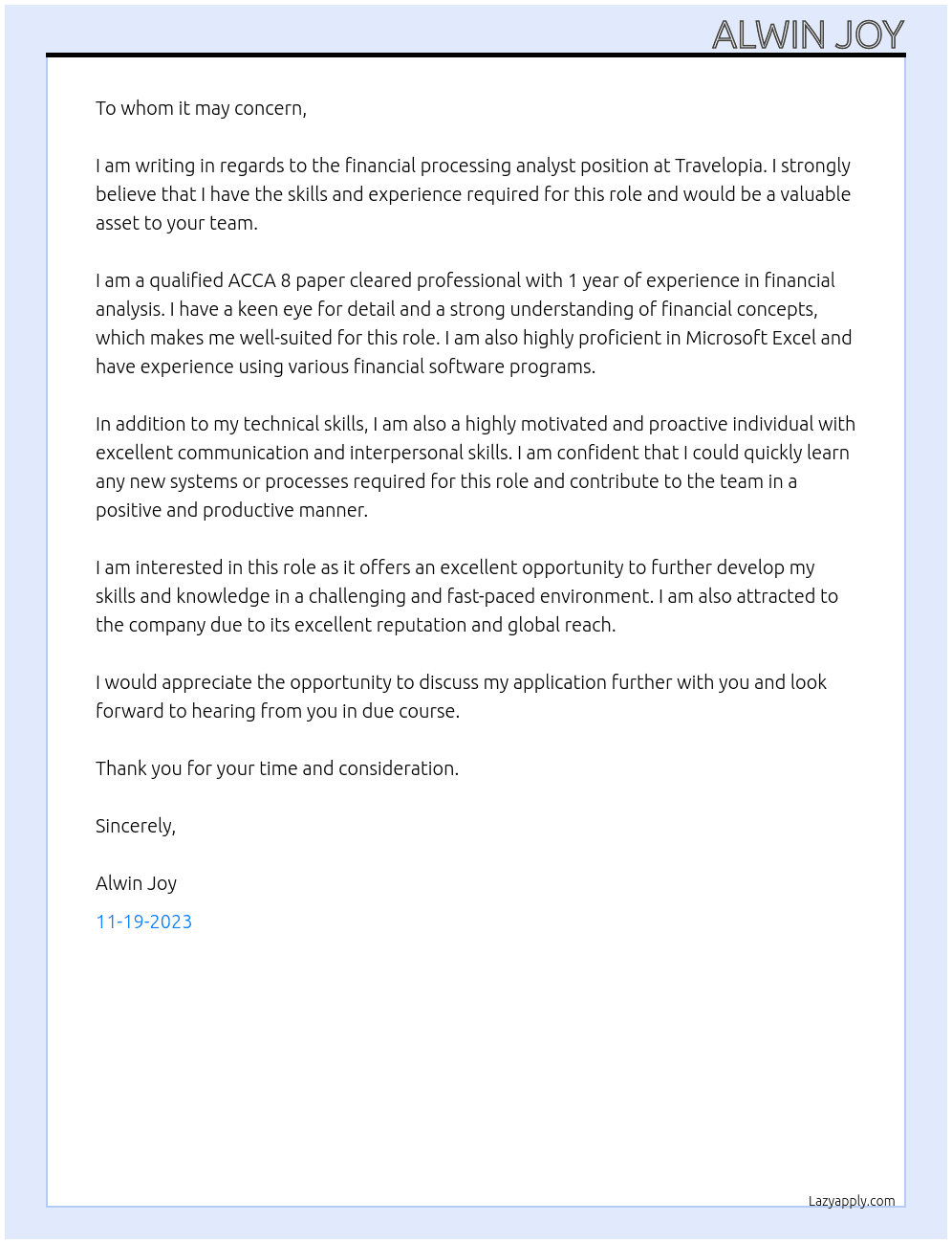 Financial processing analyst At Travelopia Cover Letter