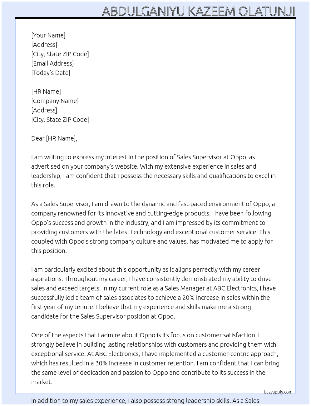 Sales Supervisor At Oppo Cover Letter