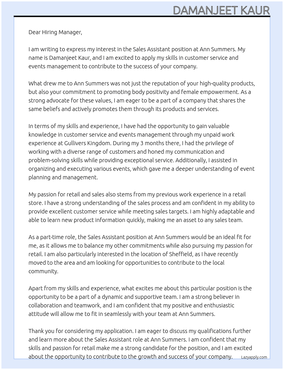 Sales assistant  At Ann Summer  Cover Letter