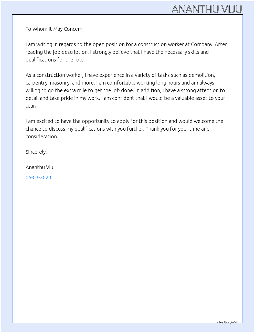 Construction worker  At Company  Cover Letter
