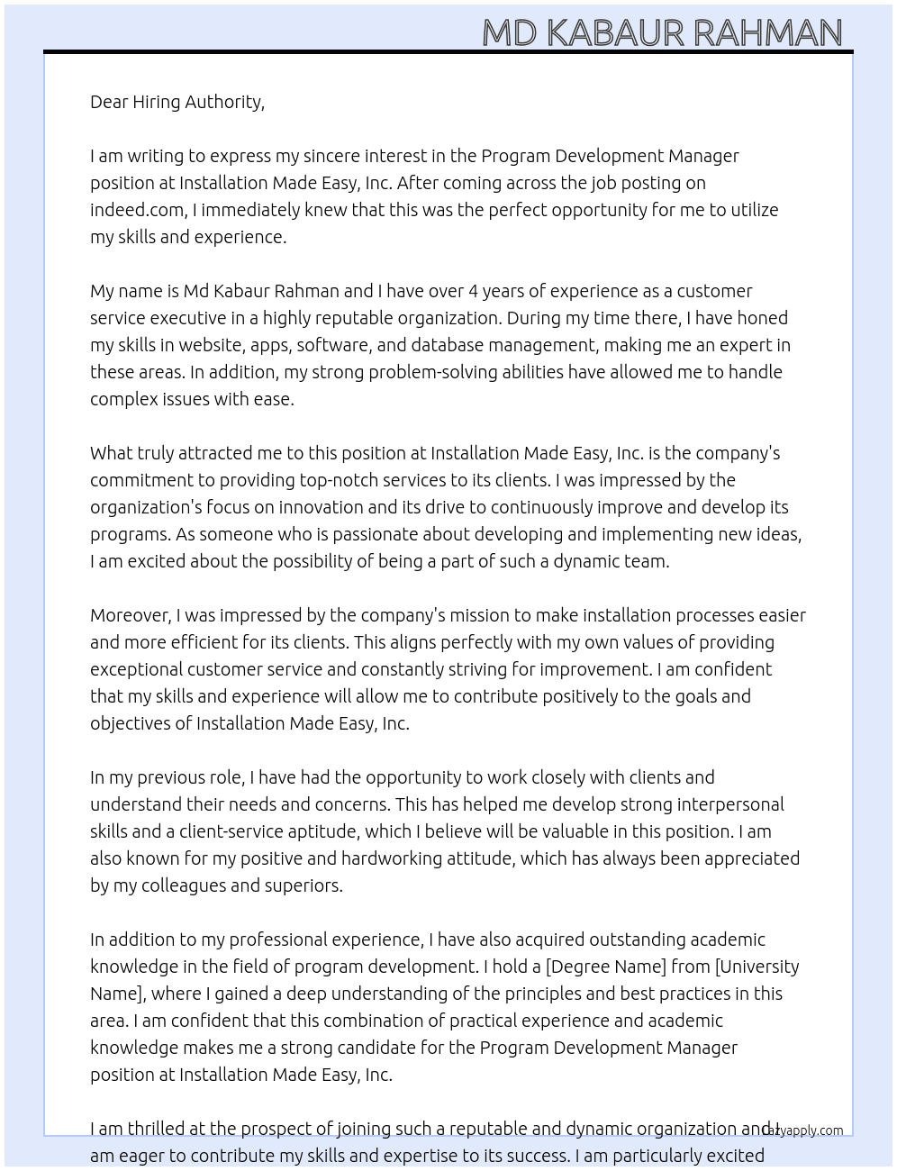 Program Development Manager At Installation Made Easy, Inc Cover Letter