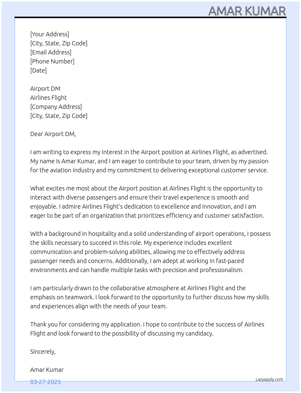 Airport  At Airlines flight  Cover Letter