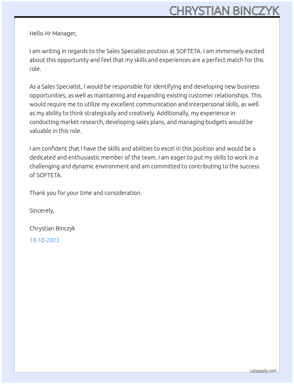 Sales Specialist At SOFTETA Cover Letter