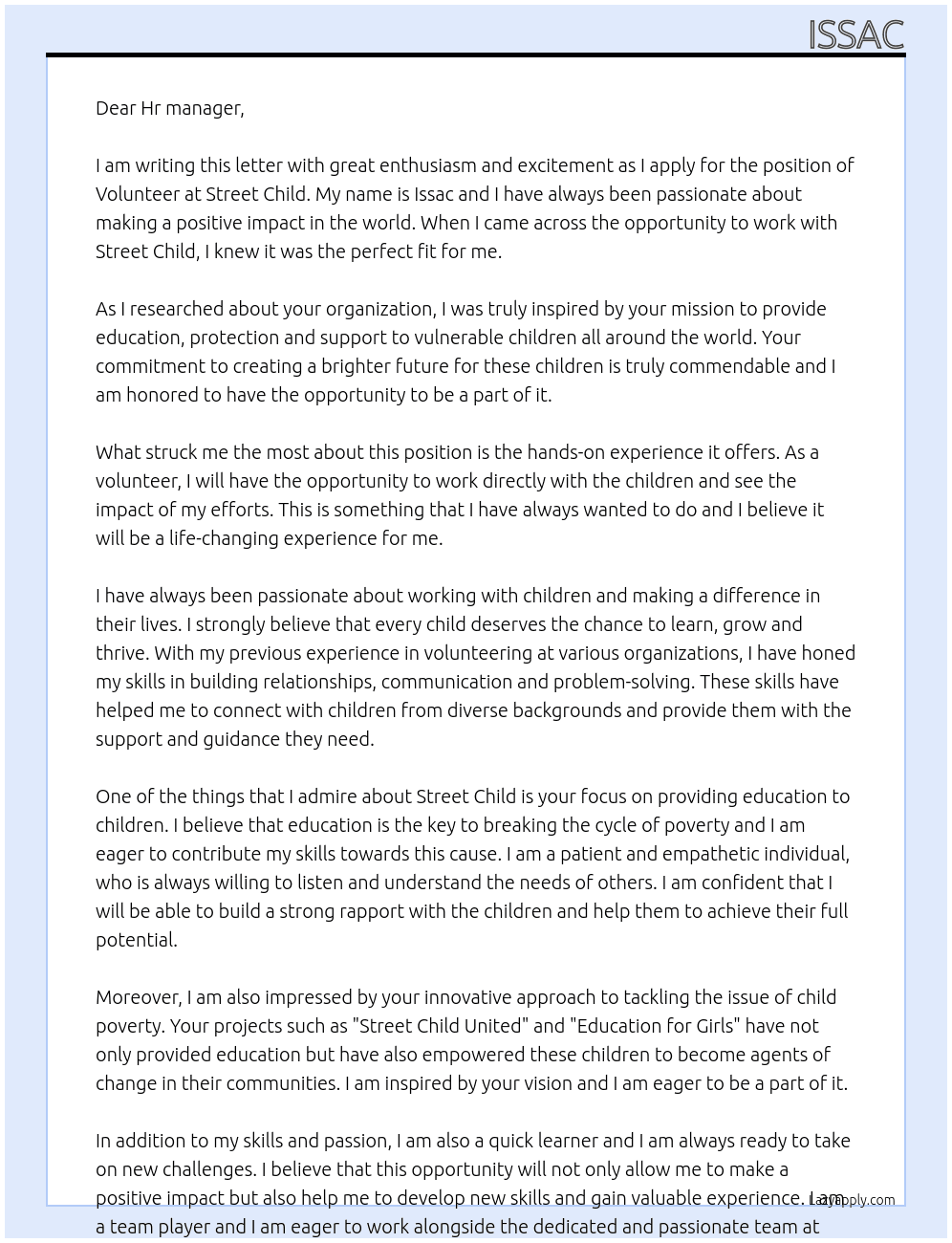 Volunteer  At Street child Cover Letter
