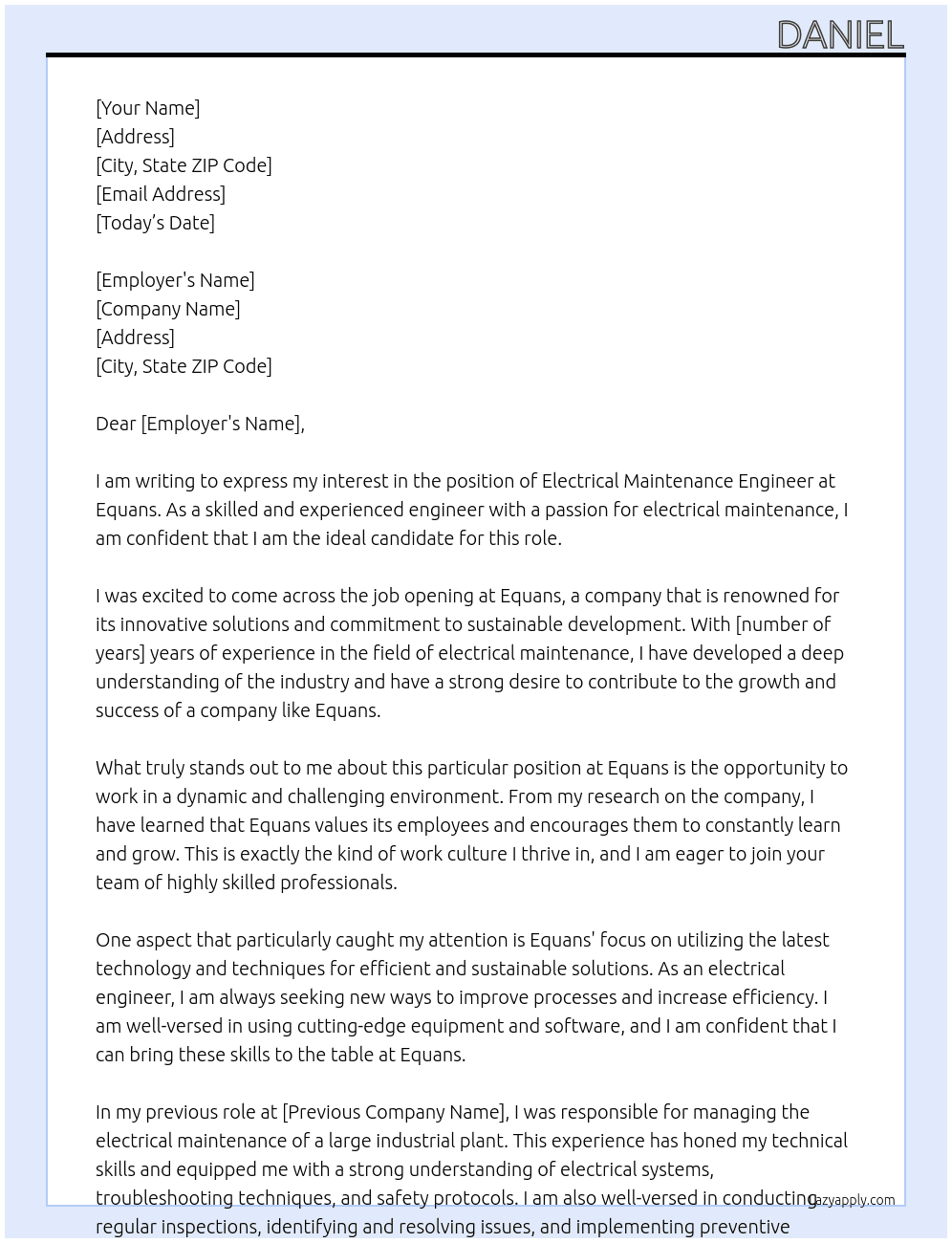 Electrical maintenance engineer At Equans Cover Letter