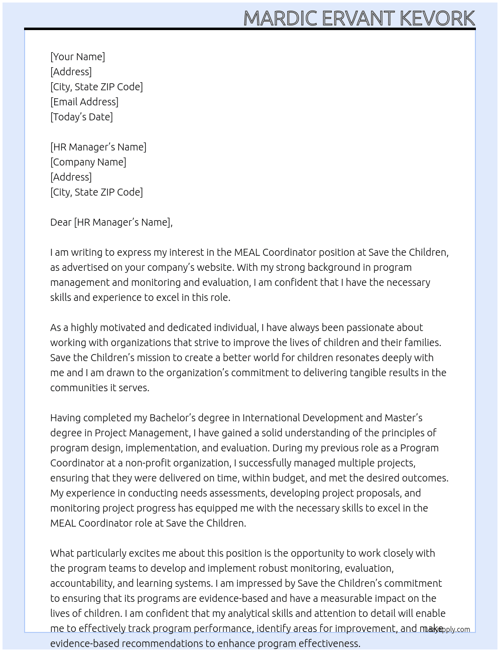 MEAL Coordinator At Save the Children Cover Letter