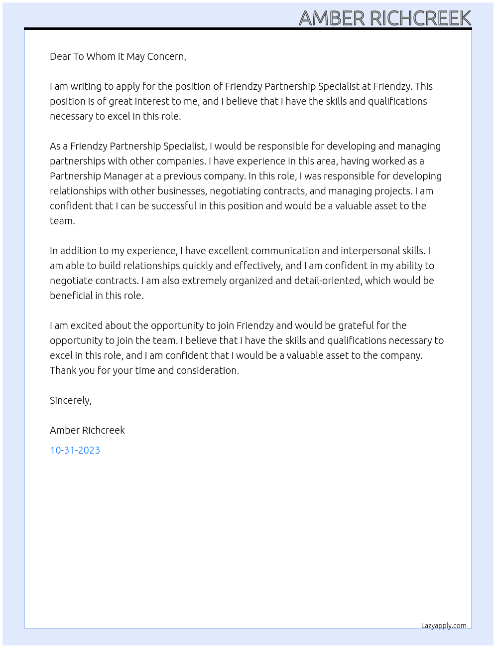 Friendzy Partnership Specialist At Friendzy Cover Letter