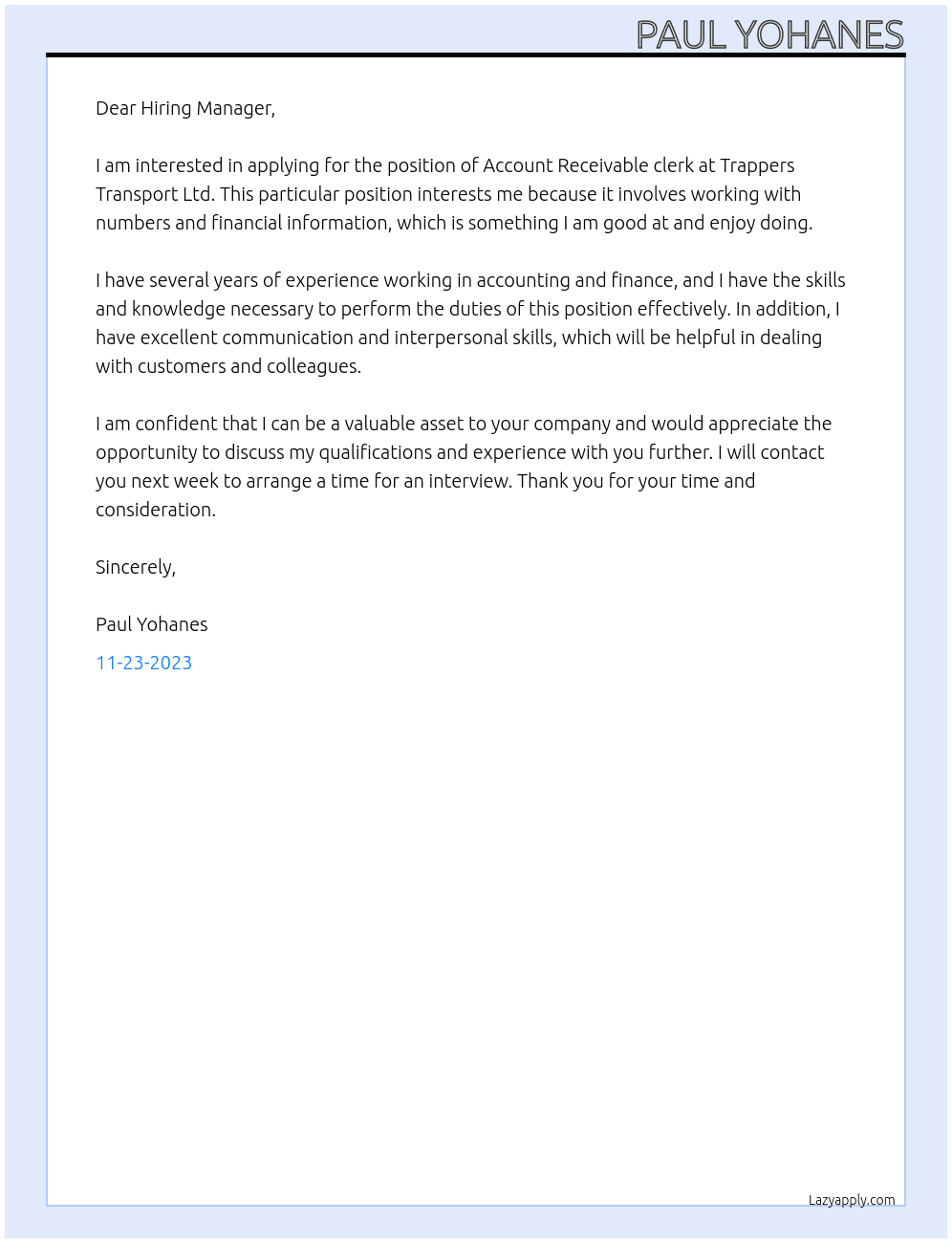 Account Receivable clerk At Trappers Transport Ltd  Cover Letter